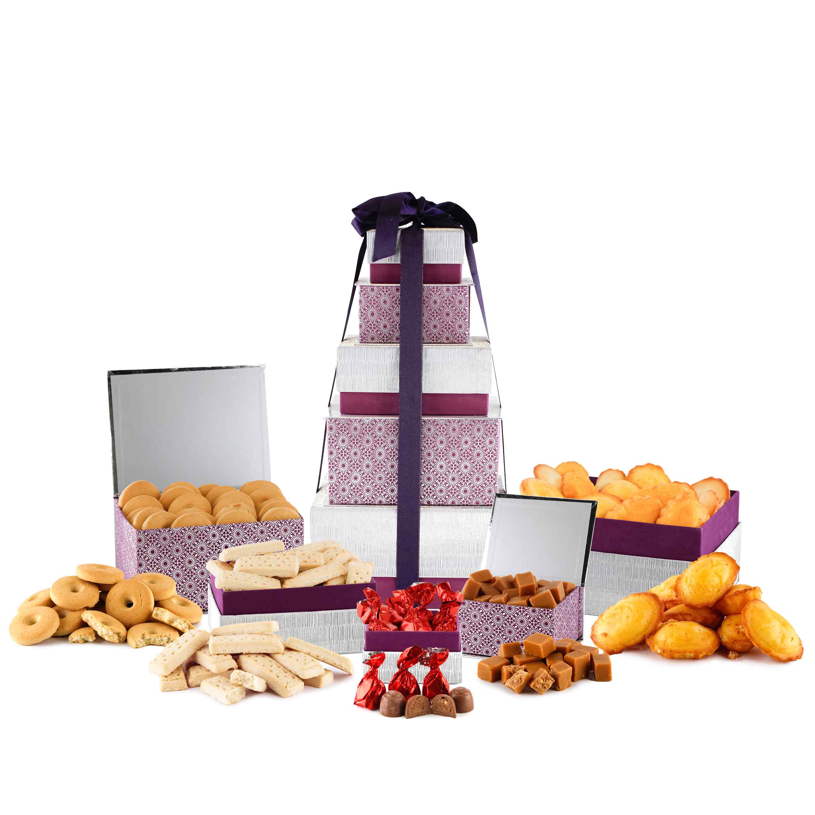 Purple and Sliver boxes shaped in a stacked tower, tied with a bow. Food shown in boxes
