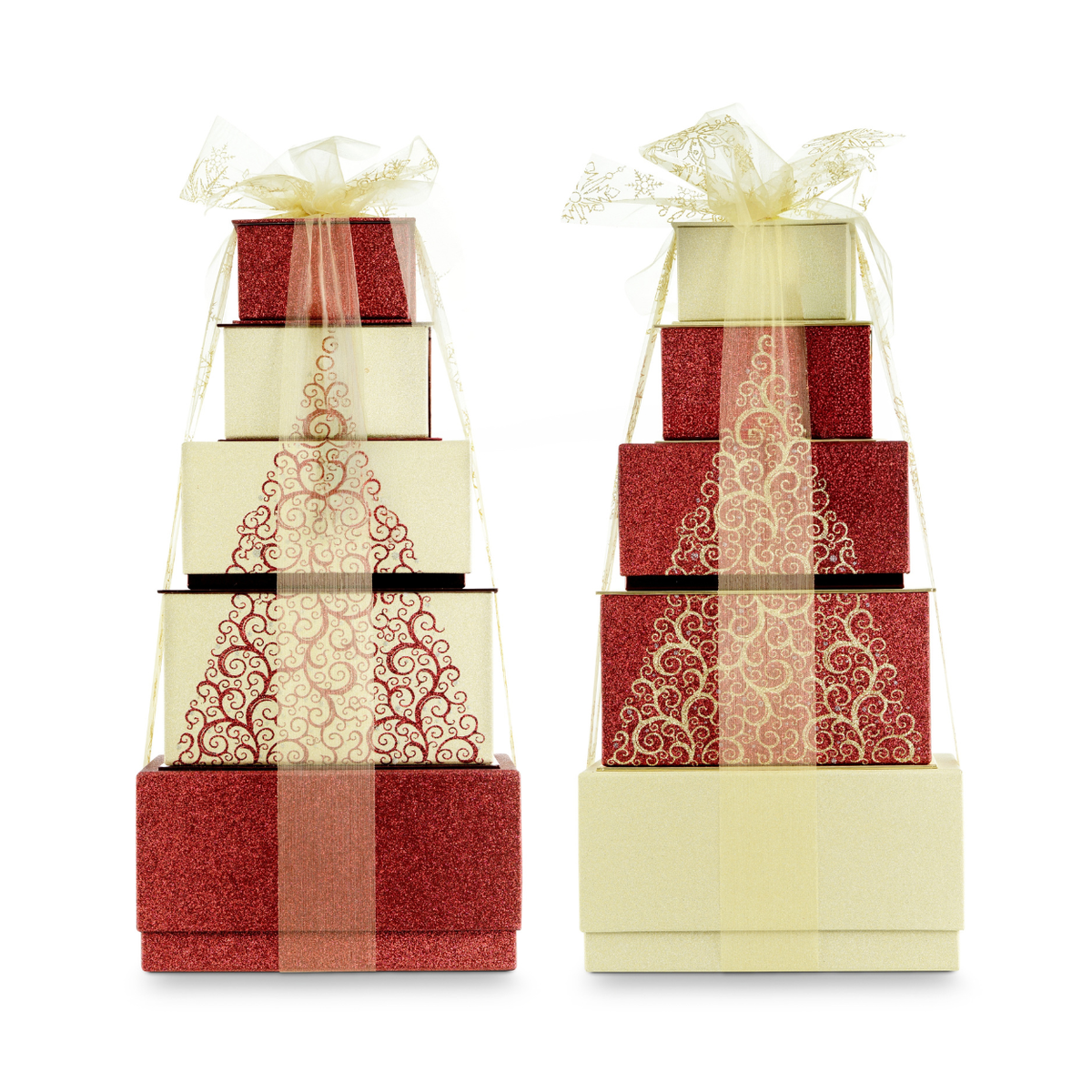 Two matching gift box towers on a white background, each made of stacked rectangular boxes in red glitter and gold that form a Christmas tree pattern with sheer gold ribbon bows.