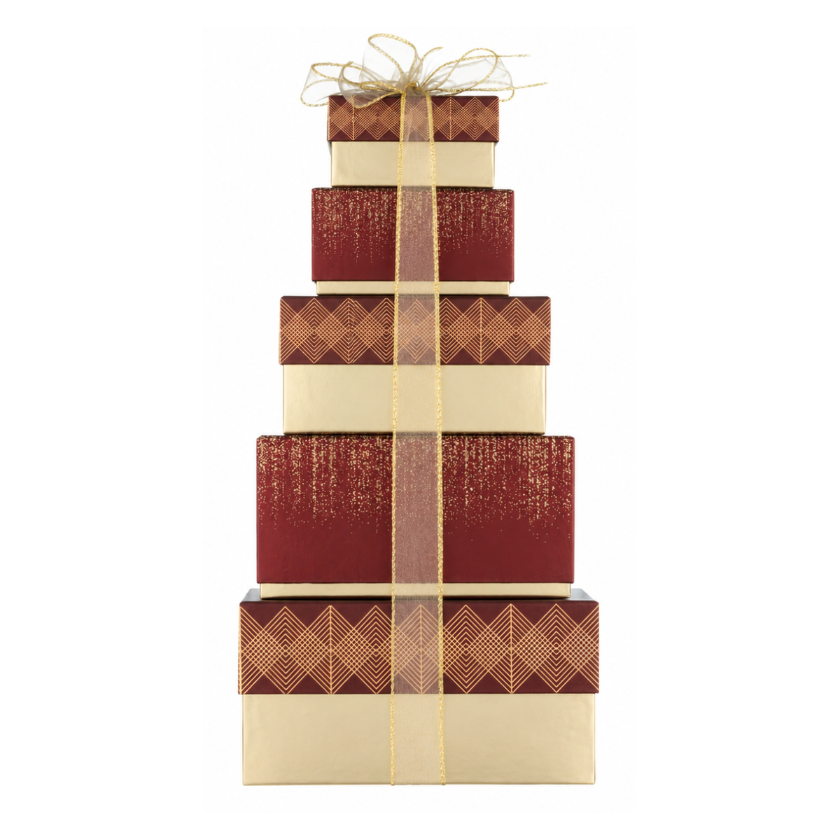 A stack of five nested gift boxes in a tapered pyramid shape, wrapped in alternating deep plum and gold patterned paper, tied with a sheer gold ribbon and bow on top, set against a plain white background.