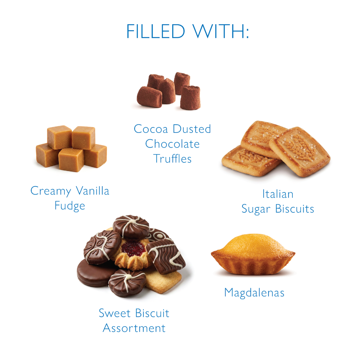 A product information graphic on a white background with the heading 'FILLED WITH:' and five labeled food illustrations: creamy vanilla fudge, cocoa dusted chocolate truffles, Italian sugar biscuits, sweet biscuit assortment, and magdalenas.
