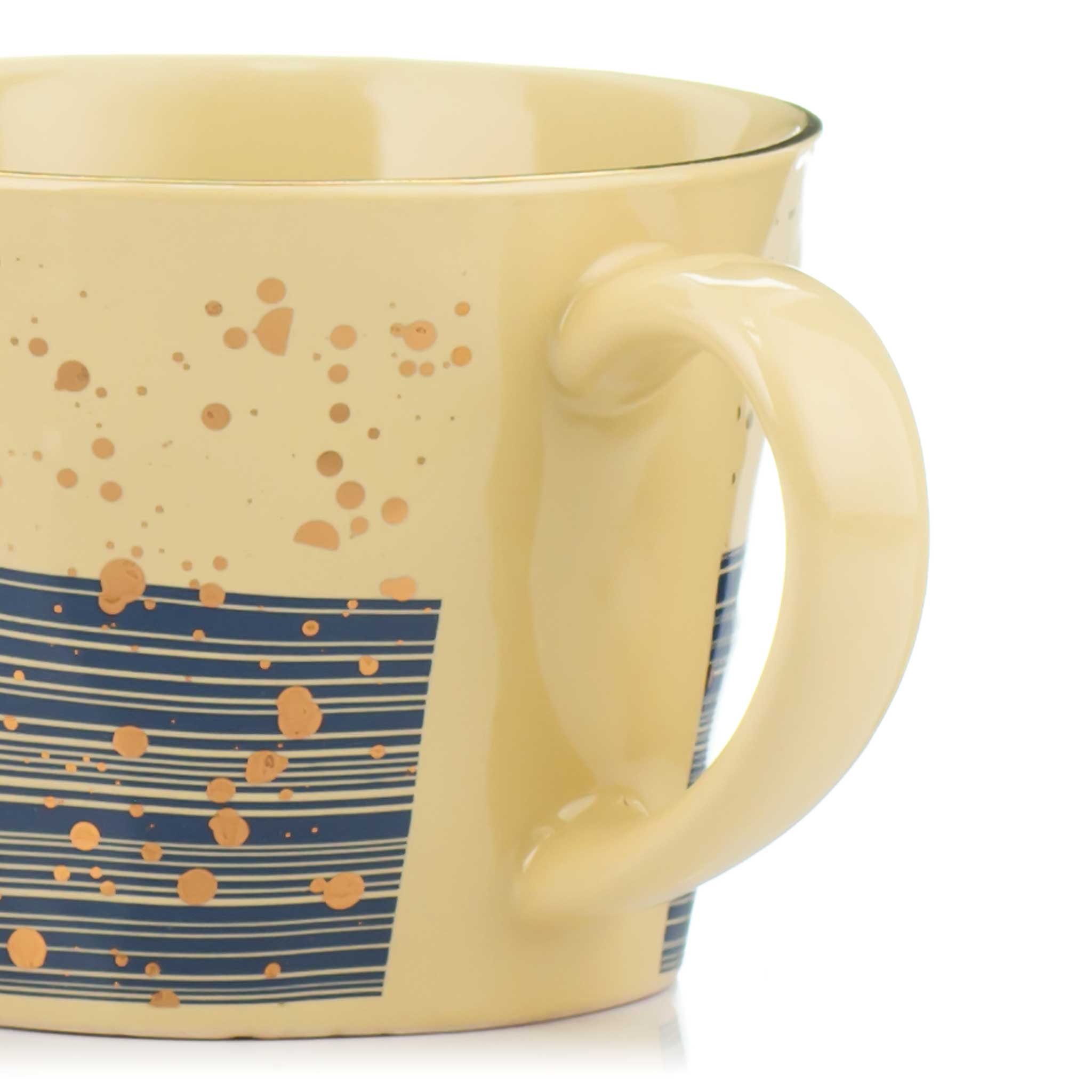 Navy and yellow mugs with golden splatters from China Blue