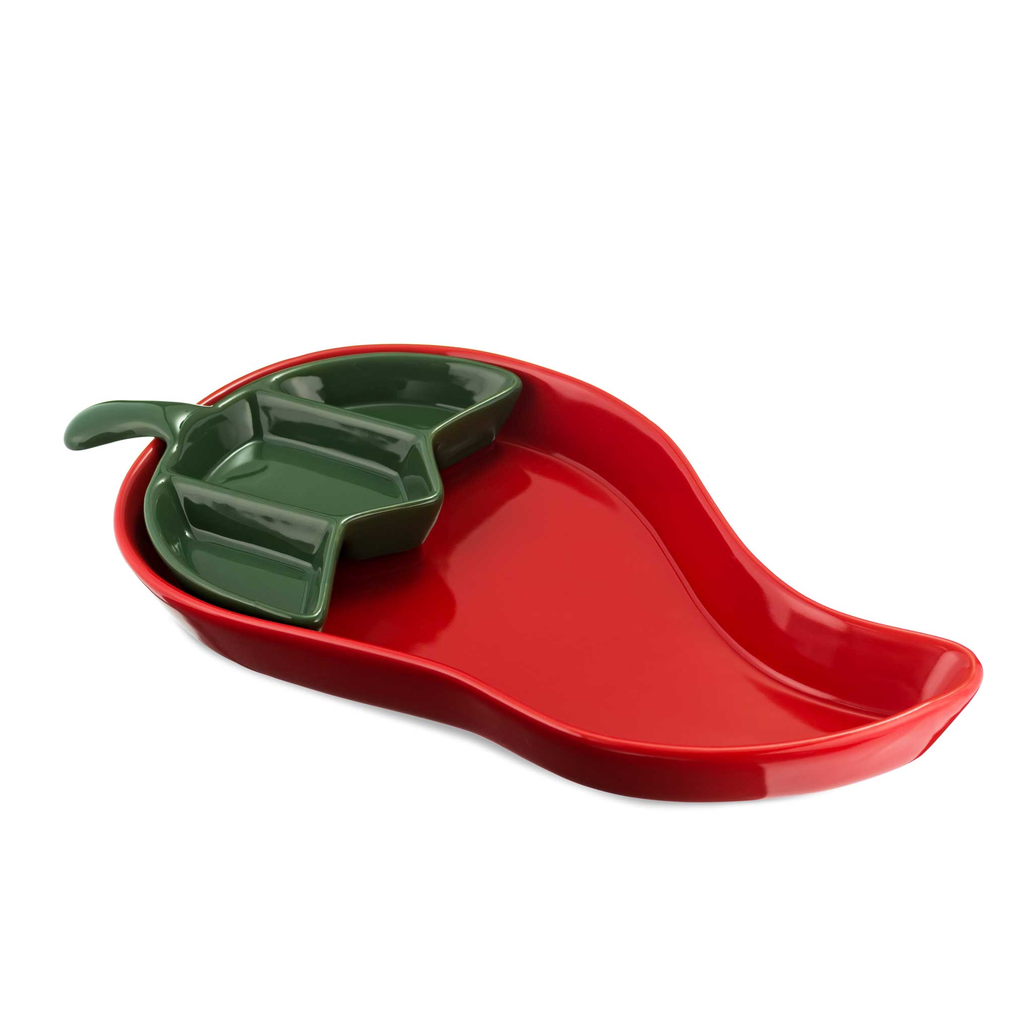 Red ceramic chilli shaped dish with green dip tray from China Blue