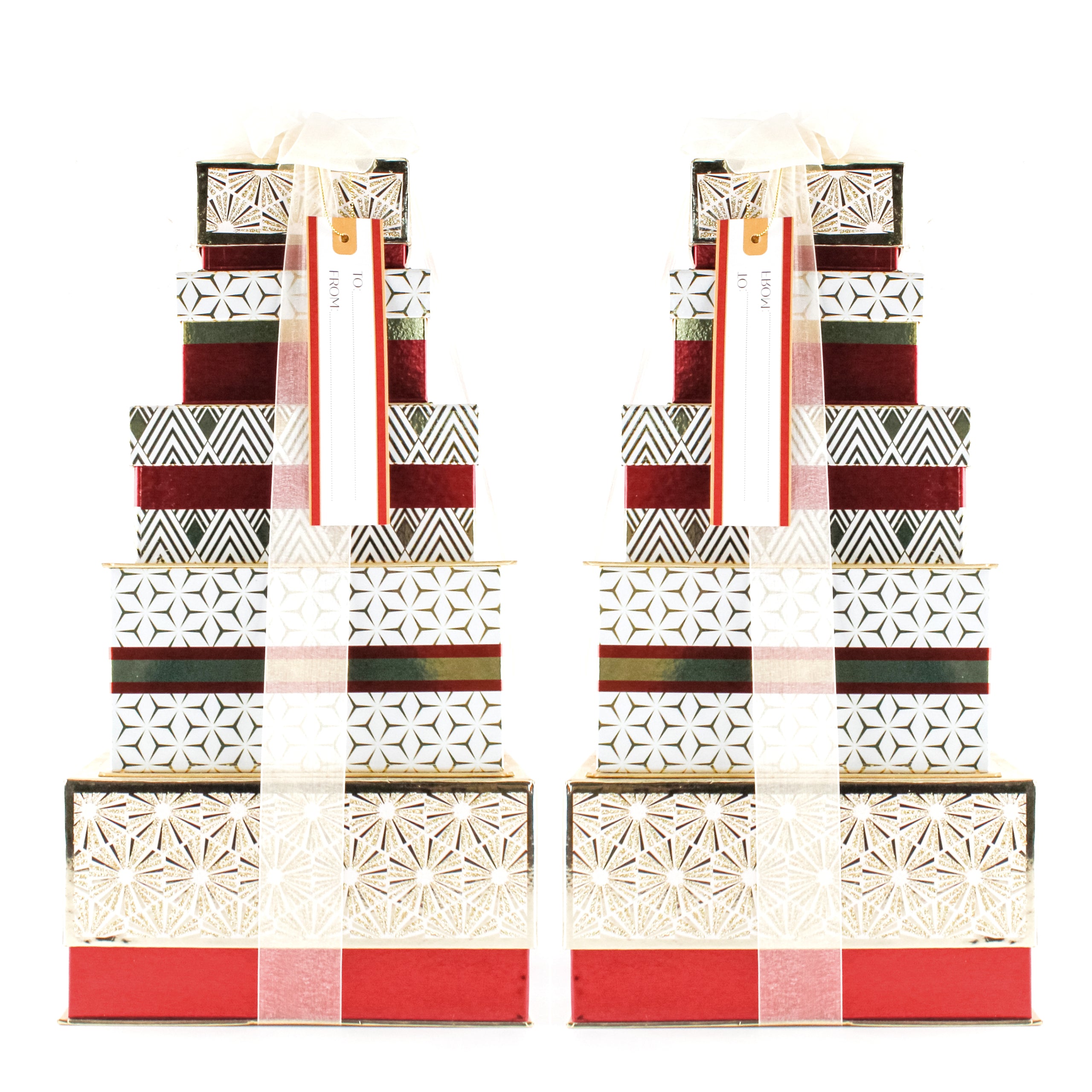 Two Gold and red detailed box gifts stacked into a tower