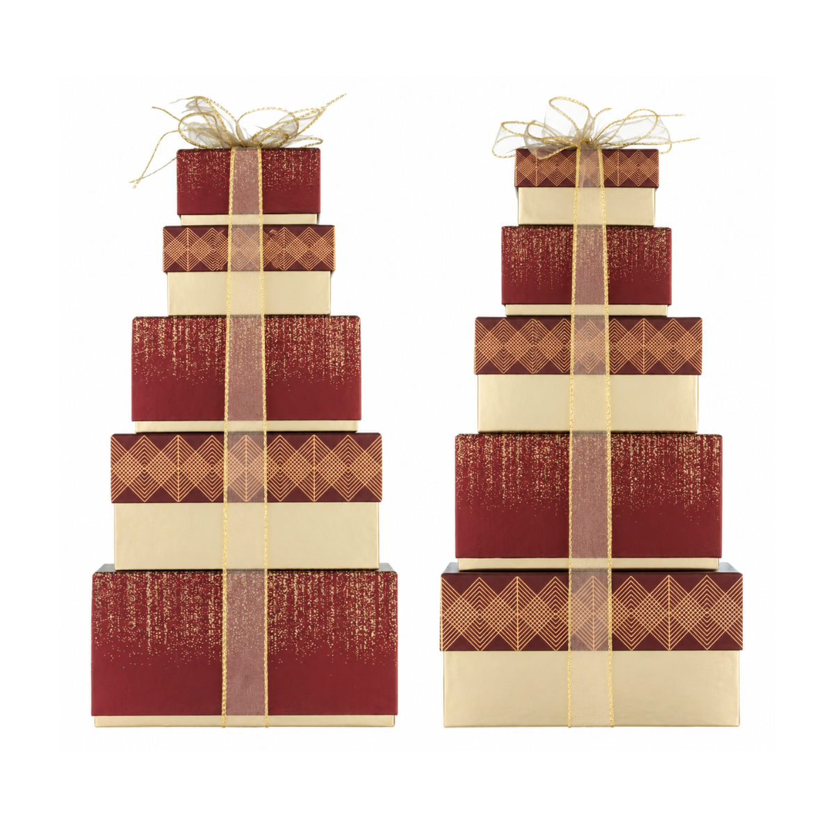 Two matching decorative gift box towers on a plain white background. Each tower consists of five stacked rectangular boxes in alternating deep red and cream colors, with a vertical sheer ribbon running down the center and a small bow at the top.