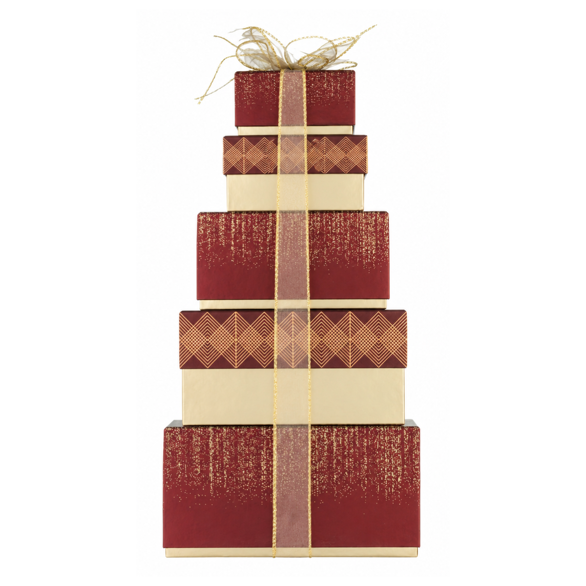 A stack of five Christmas-themed gift boxes arranged in a tiered, pyramid shape. The boxes are deep plum with textured geometric patterns, accented with gold, wrapped in a sheer gold ribbon, and finished with a gold bow on top, all set against a solid white background.