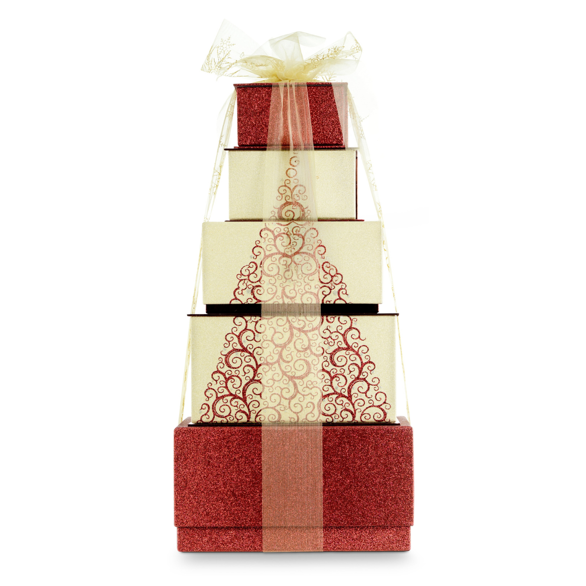 A tiered gift box tower with 5 stacked boxes, featuring red and gold glitter boxes that stack together as a Christmas Tree with a sheer gold ribbon and bow, on a white background.