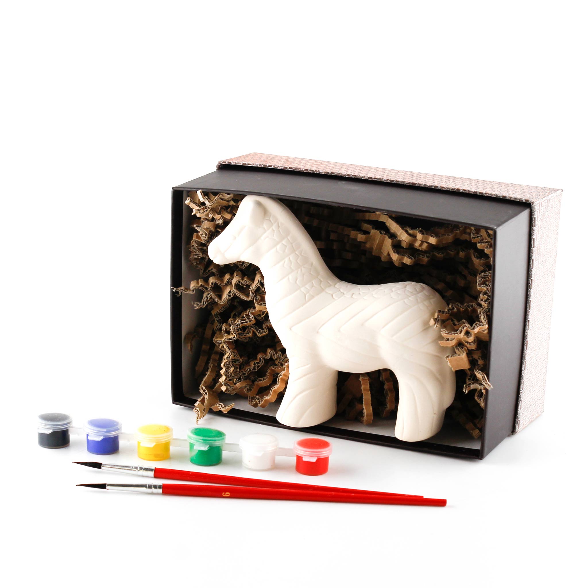 Unpainted ceramic zebra kit with paint and brushes