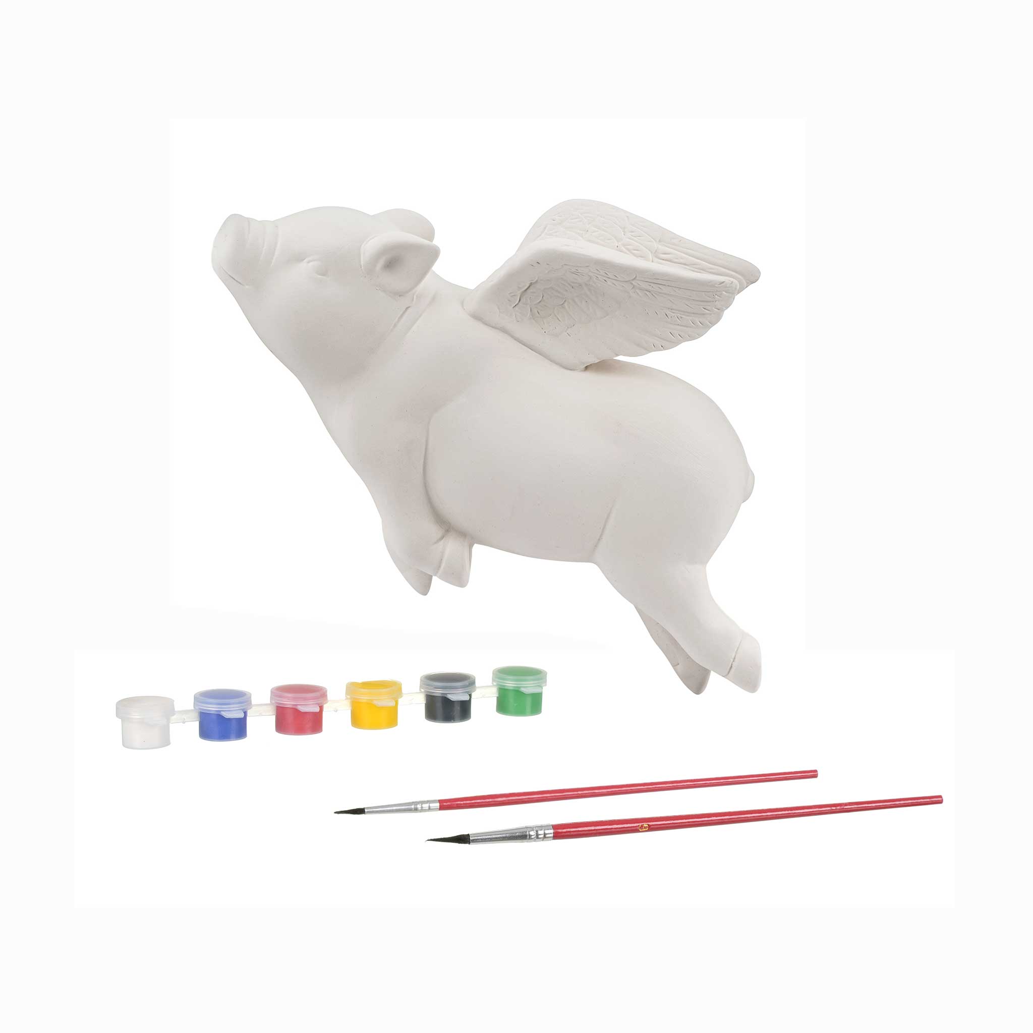 Paint Your Own Ceramic Flying Pig with paint and brushes