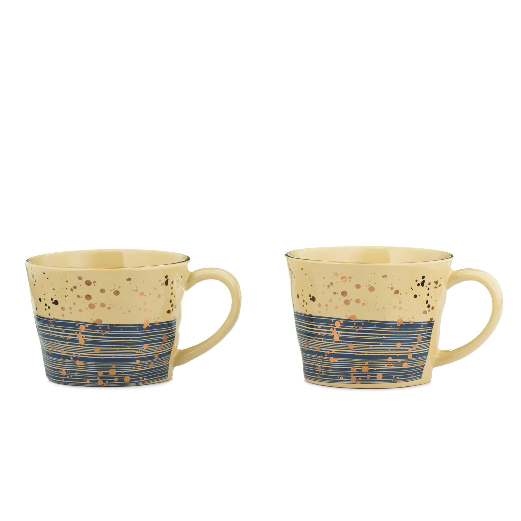 Navy and yellow mugs with golden splatters from China Blue