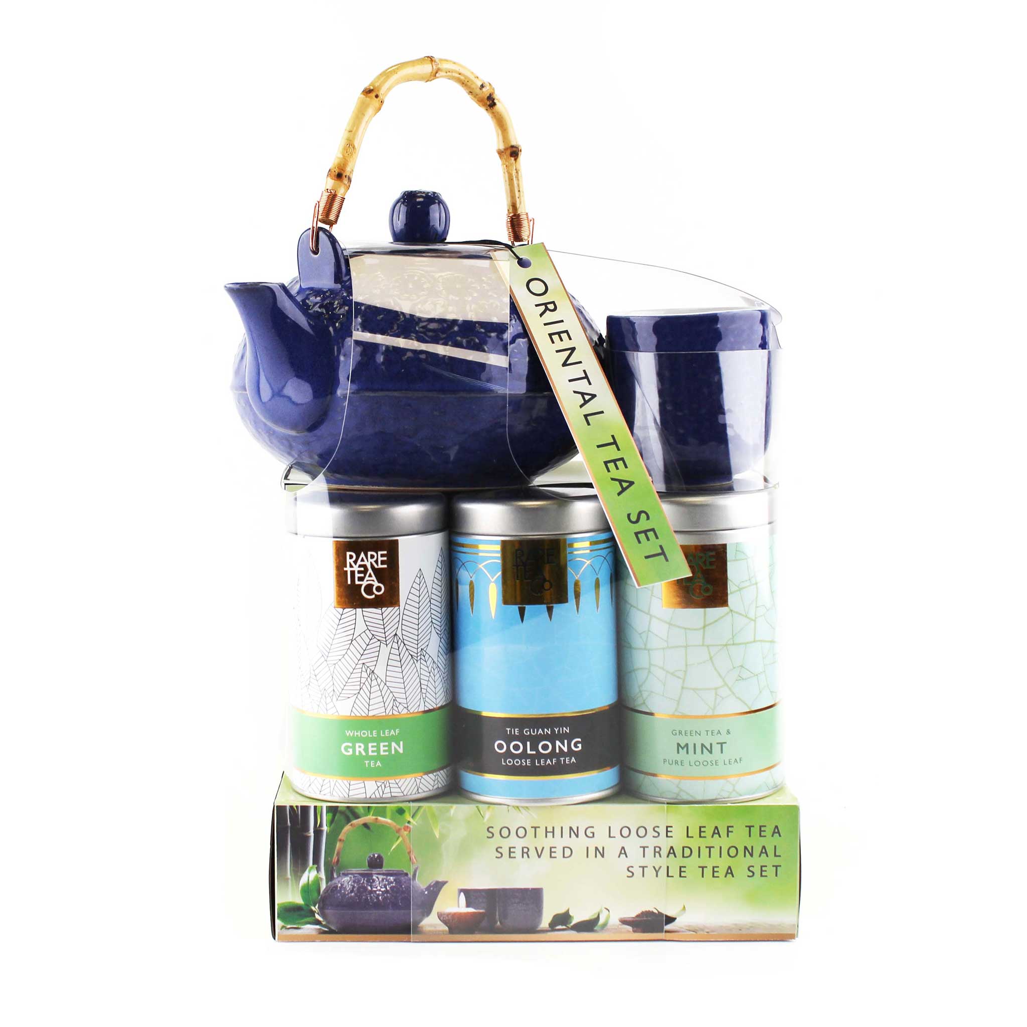 Gift pack of a blue teapot with infuser and two cup with a selection of teas