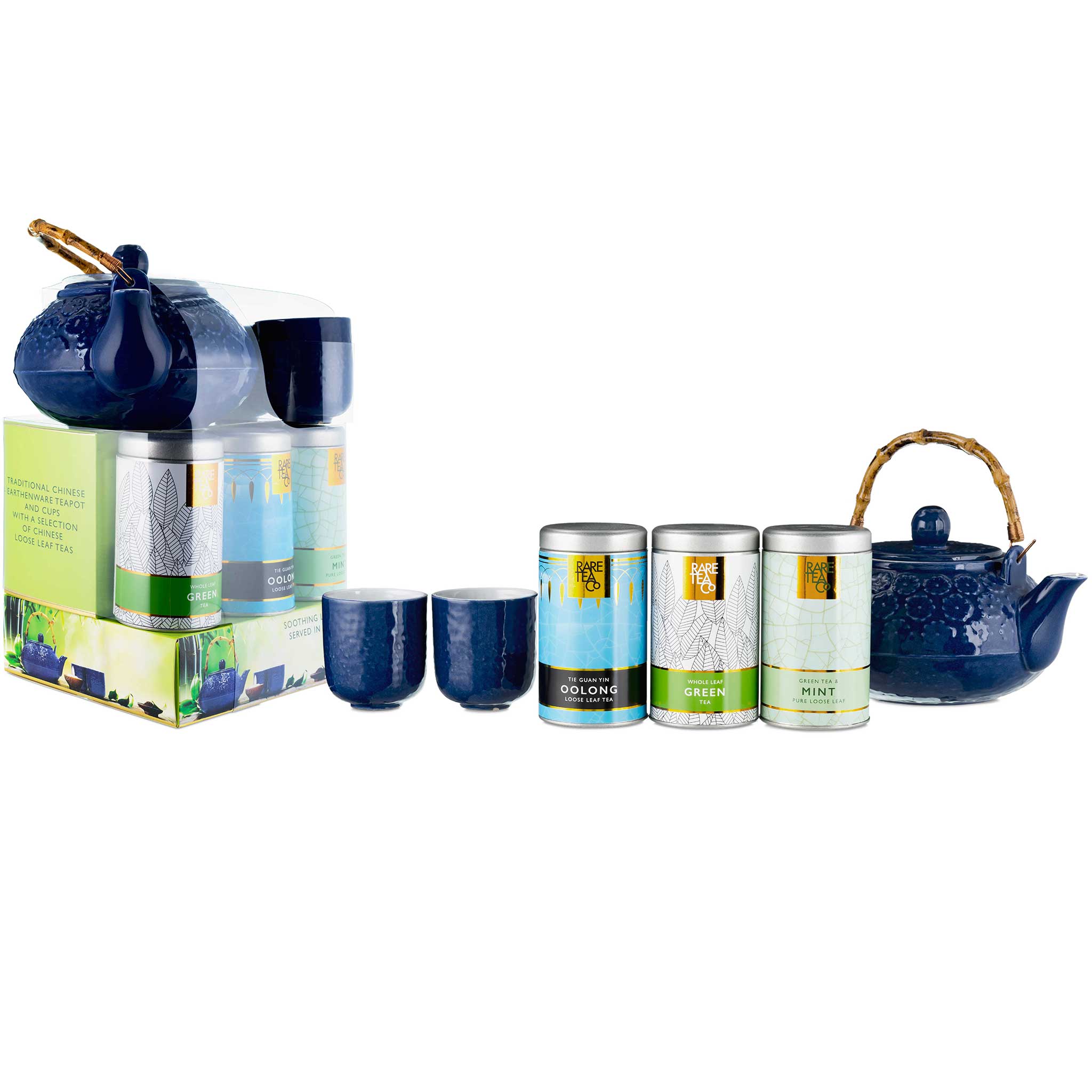 Blue teapot with infuser and two cup with a selection of teas