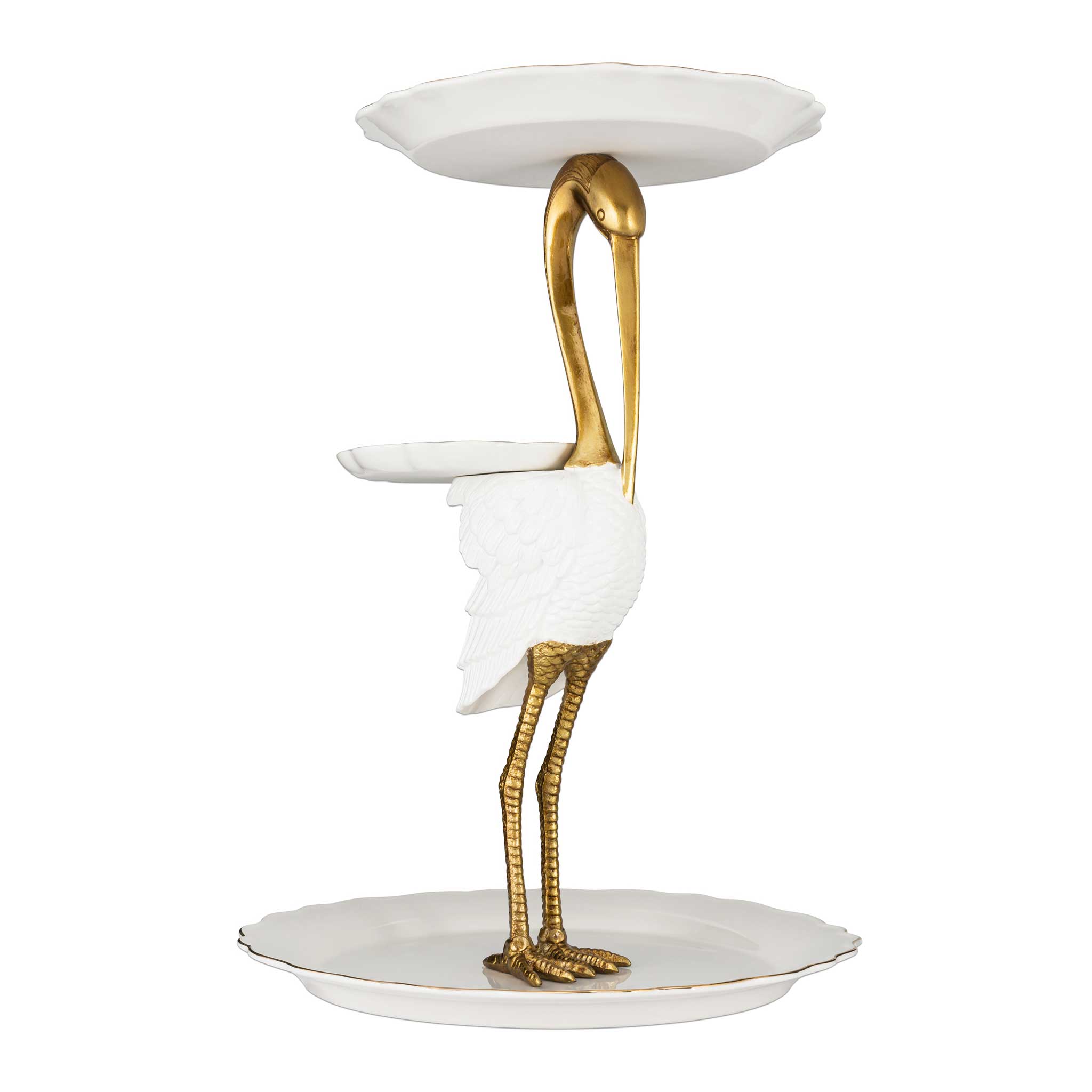 Gold and white Stand shaped like a Stork with serving plates on top, wing and base.
