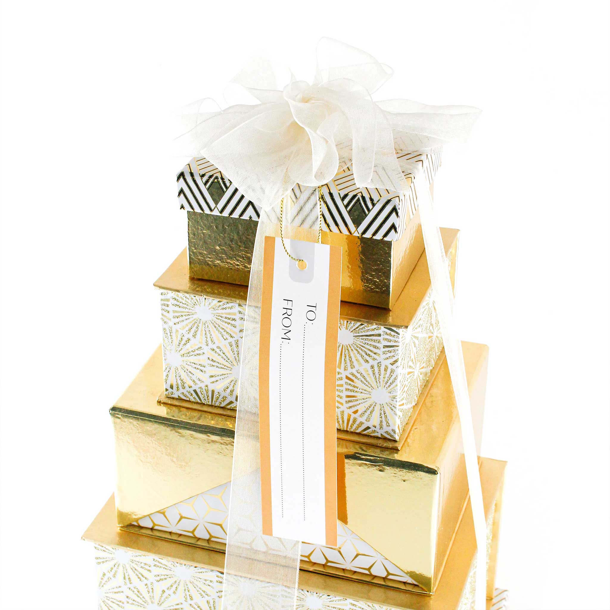 Gold and White Tower of Treats with to and from tag from China Blue
