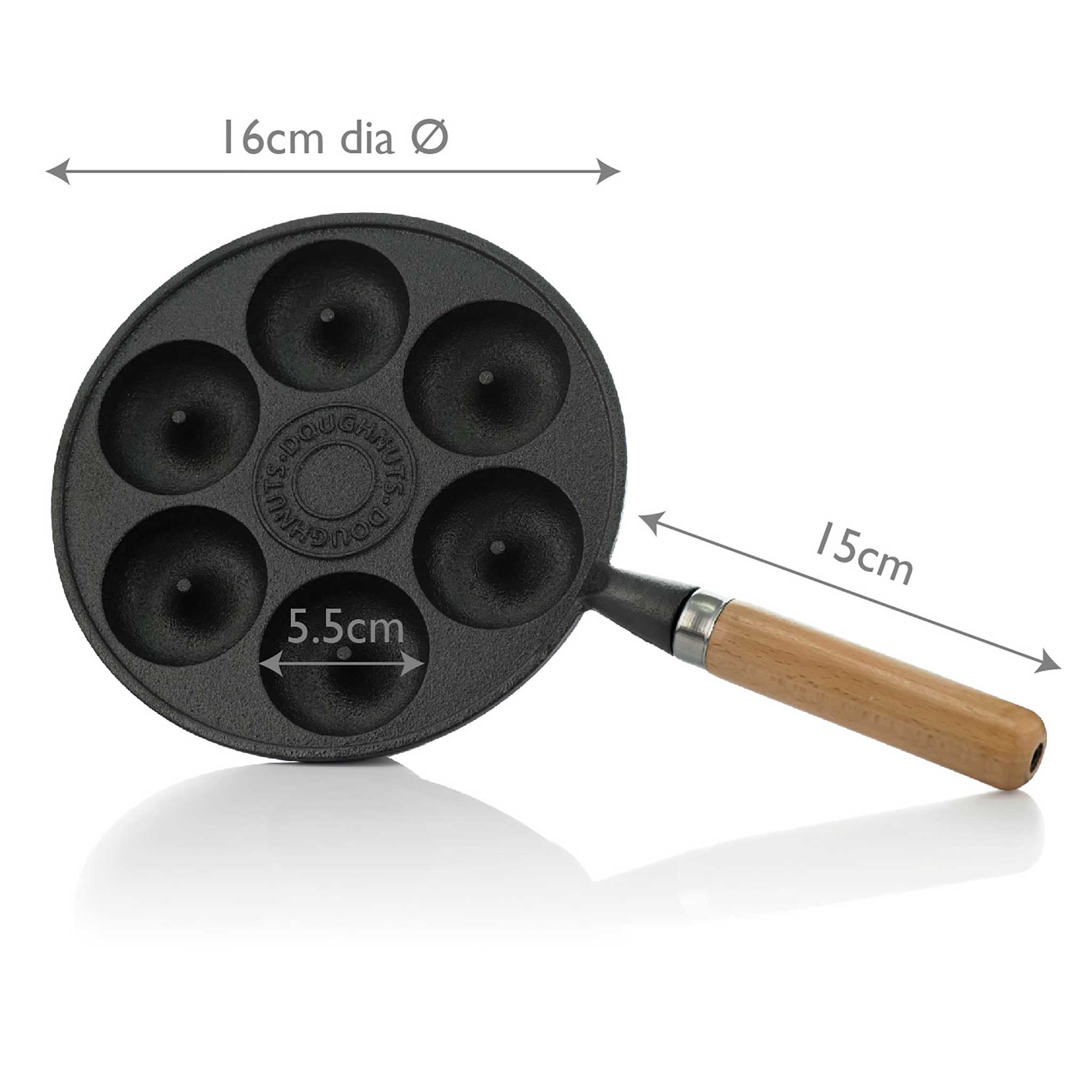 Cast iron donut pan with dimensions 16cm x 5.5cm x 15cm