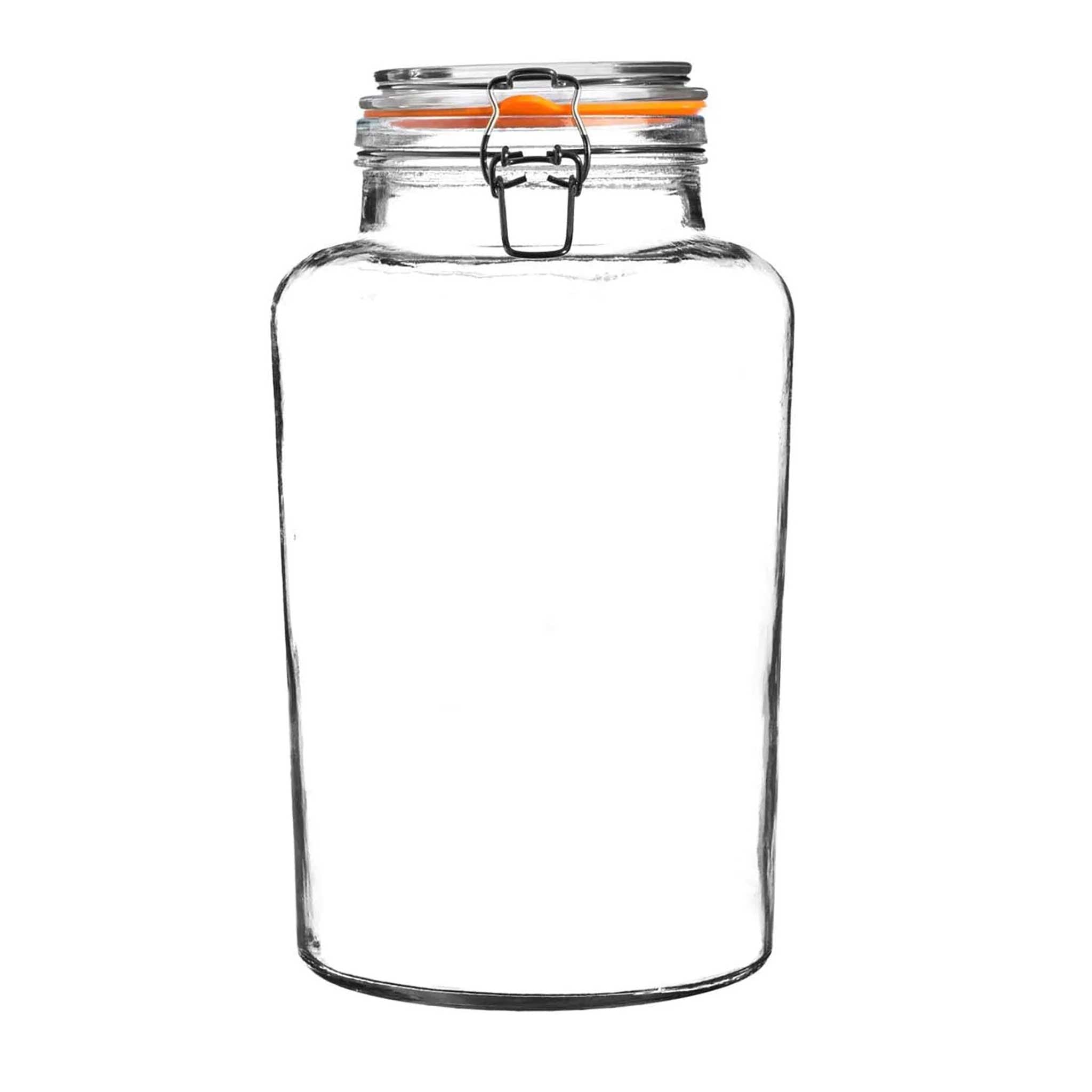 Large clear glass jar with orange rubber seal and metal clip fastening from China Blue